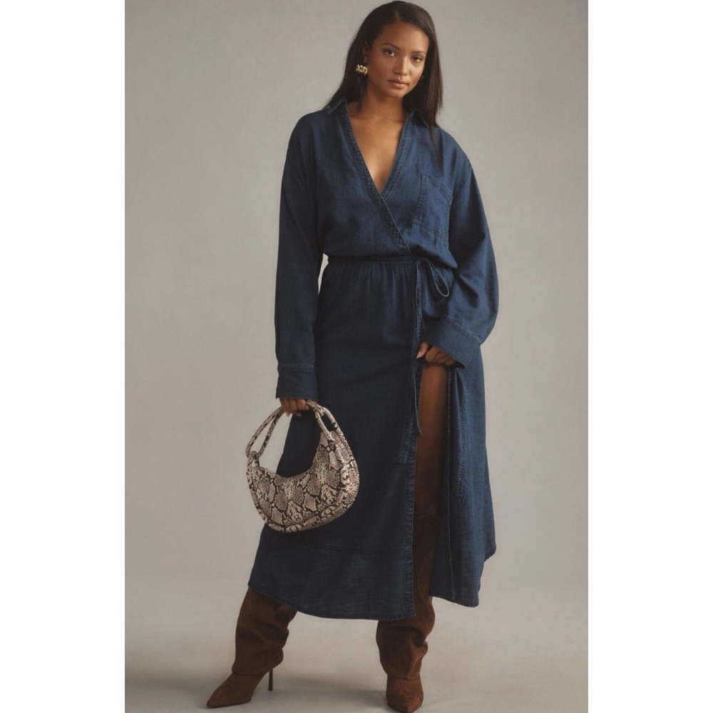 Anthropologie Pilcro V-Neck Wrap Midi Dress Denim Dark Blue Size‎ S
